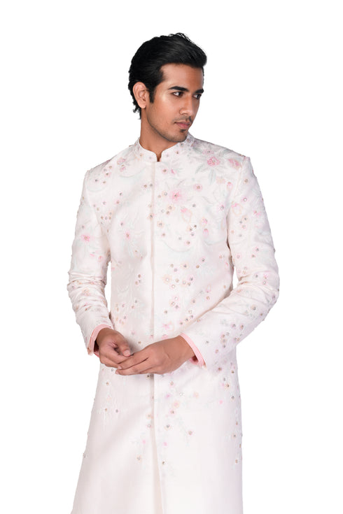 Off-White and Pink EMB Sherwani with Pink Kalidar Kurta and Churidar