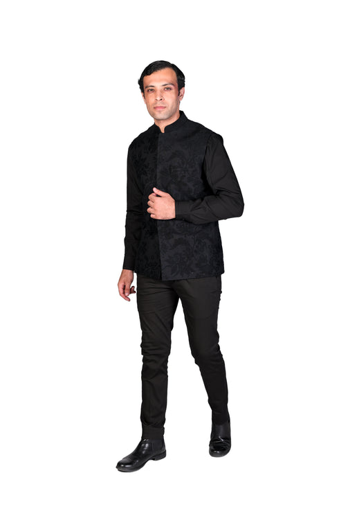Black Wallpaper Thread EMB Waistcoat with Black Organza detail Shirt and Slim Pants