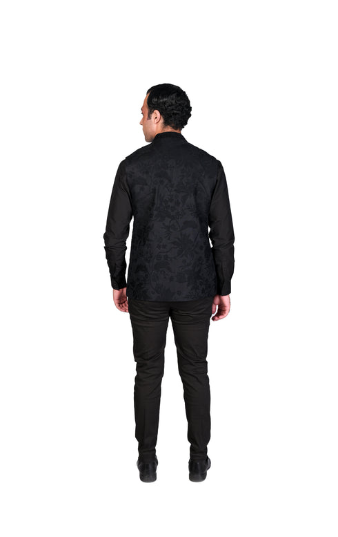 Black Wallpaper Thread EMB Waistcoat with Black Organza detail Shirt and Slim Pants