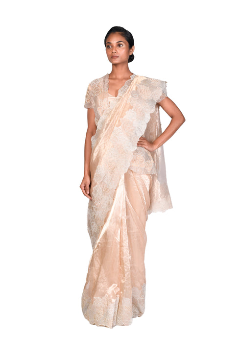 Dahlia EMB Cutdana and pearl detail tissue Saree with EMB Blouse piece and EMB Gold Tissue Jacket