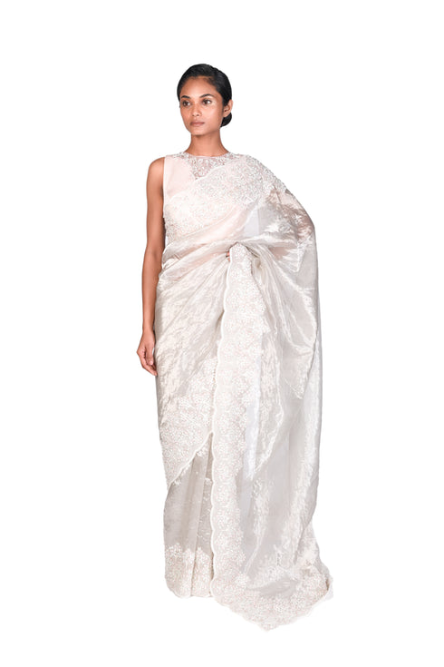 Silver Tissue Saree With EMB Blouse Piece