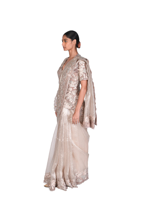 Silver Tissue Saree With EMB Blouse Piece And EMB Peplum Jacket