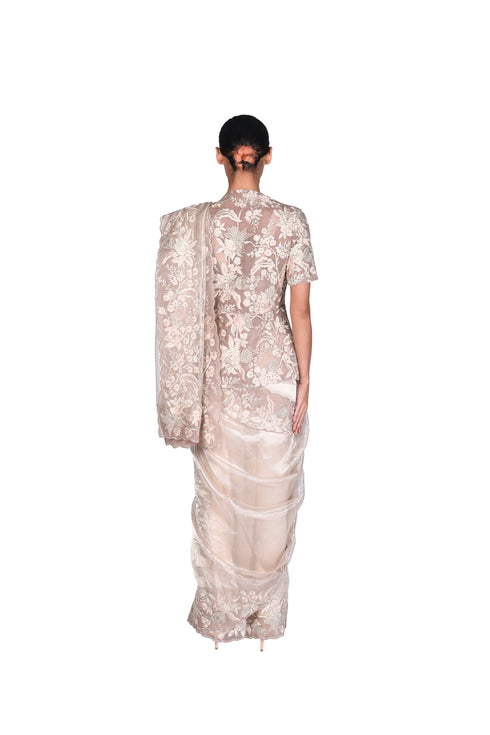 Silver Tissue Saree With EMB Blouse Piece And EMB Peplum Jacket