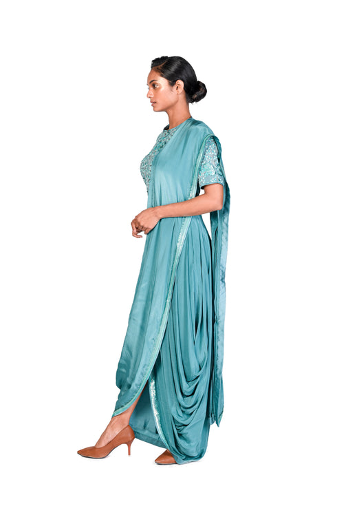 Mint Zehra Edit EMB Cropped Blouse with EMB Draped Saree