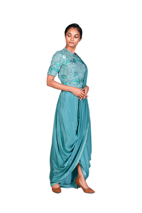 Mint Zehra Edit EMB Cropped Blouse with EMB Draped Saree