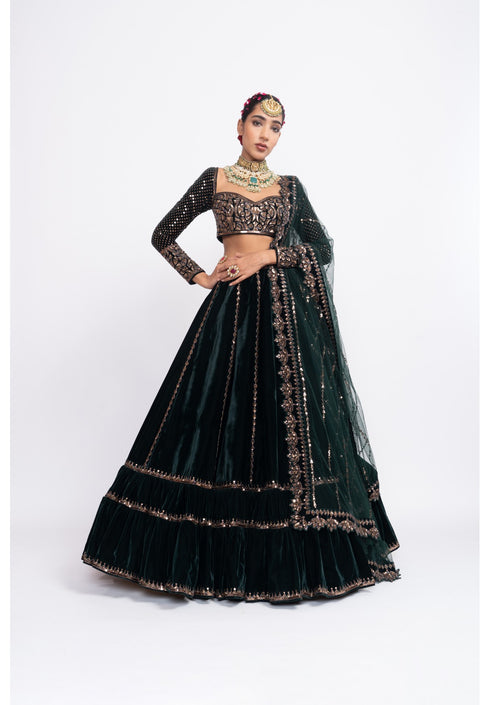 Deep green double tier lehenga set