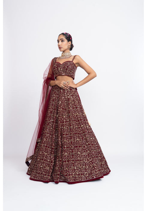 Mehroon fully embroidered corset lehenga set