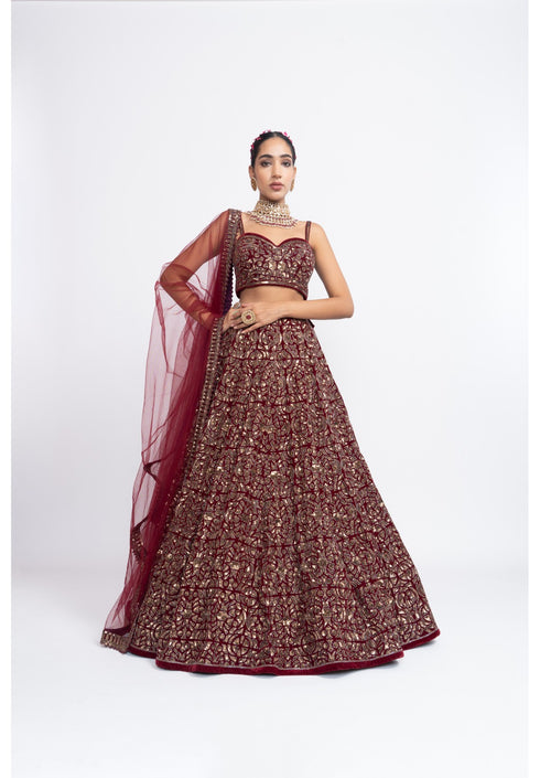 Mehroon fully embroidered corset lehenga set