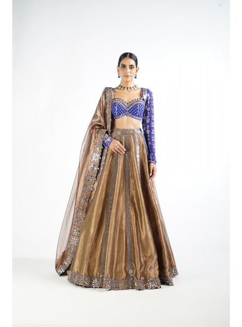 Royal Blue And Copper Shimmer Organza Lehenga Set