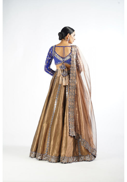 Royal Blue And Copper Shimmer Organza Lehenga Set