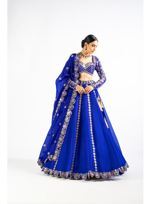 Royal Blue Embellished Blouse And Lehenga Set