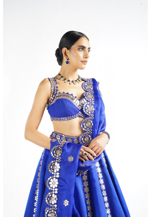 Royal Blue Flower Linear Lehenga Set