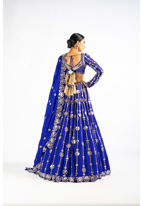 Royal Blue Big Flower Linear Lehenga Set