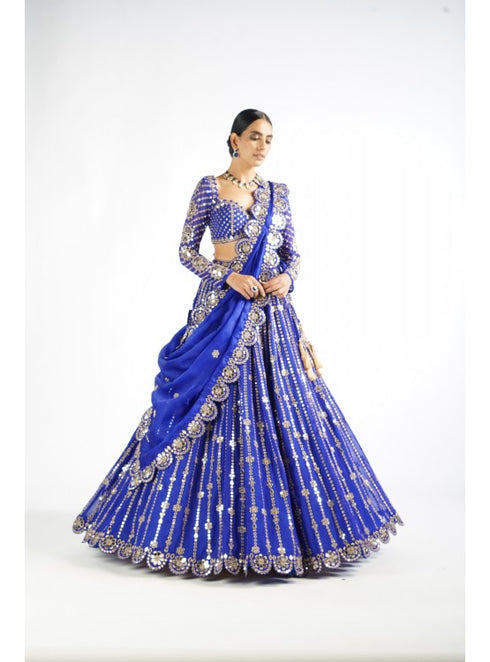 Royal Blue Small Flower Linear Lehenga Set