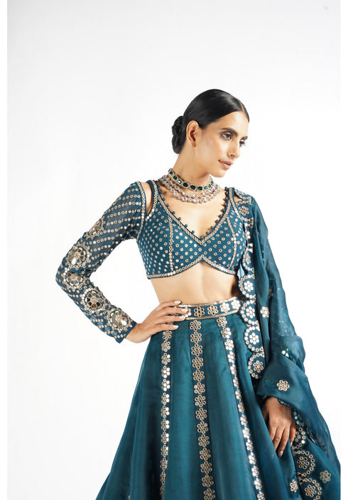 Dark Teal Flower Linear Lehenga Set
