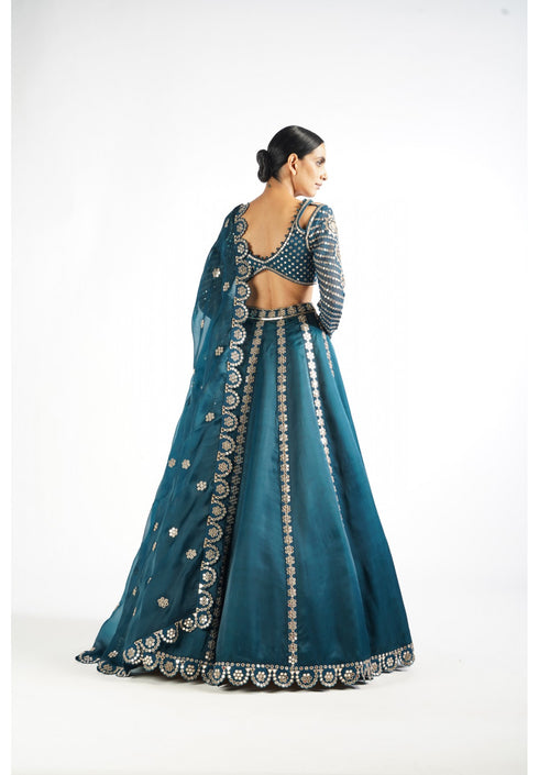 Dark Teal Flower Linear Lehenga Set