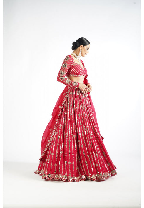 Crimson Red Small Flower Linear Lehenga Set