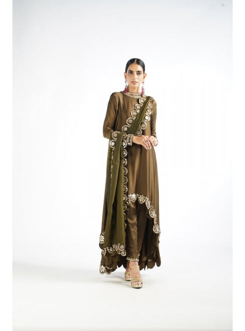 Olive Green Mirror Scallop Pant Kurta Set