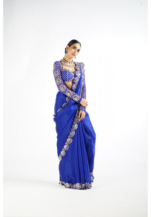 Royal Blue Mirror Work Blouse Saree Set