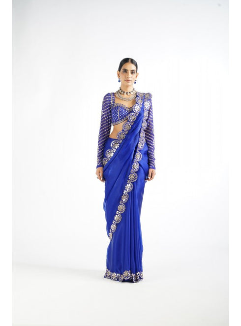 Royal Blue Mirror Work Blouse Saree Set