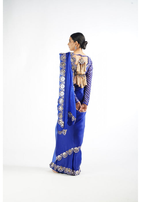 Royal Blue Mirror Work Blouse Saree Set