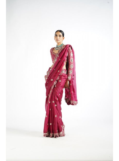 Mellow Wine Mirror Scallop Saree Set