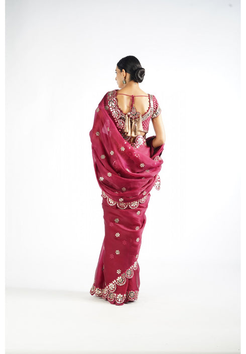 Mellow Wine Mirror Work Blouse Saree Set