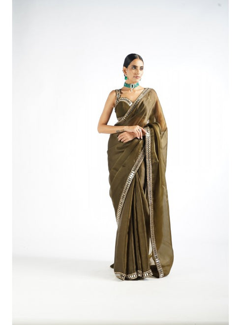 Olive Green Mirror Work Saree Set