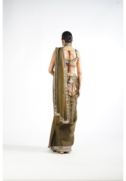 Olive Green Mirror Work Saree Set