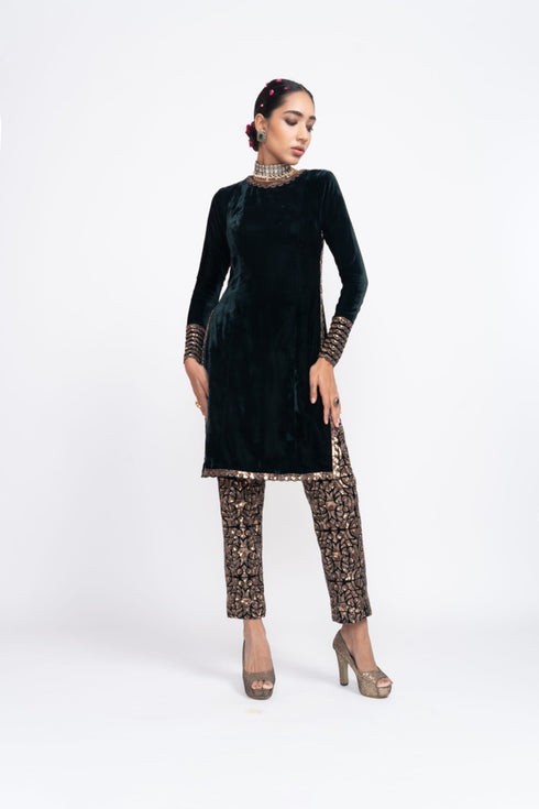 Deep Green Velvet Kurta Set