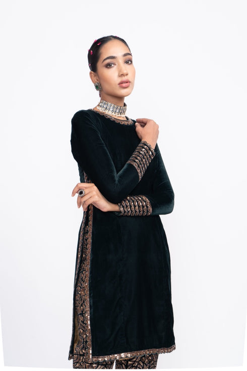 Deep Green Velvet Kurta Set