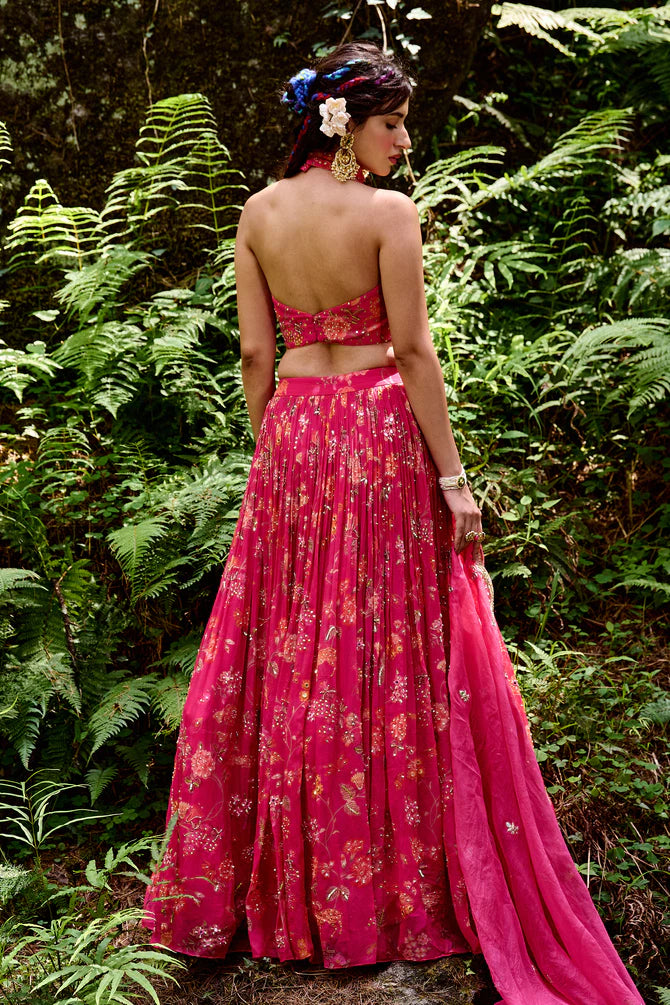 Jungle Print Rani Pink Lehenga and Halter Neck Blouse – House of Chic ...
