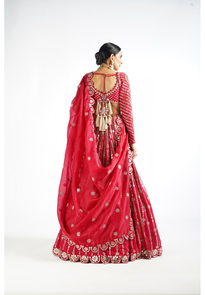 Crimson Red Small Flower Linear Lehenga Set – House of Chic, New York